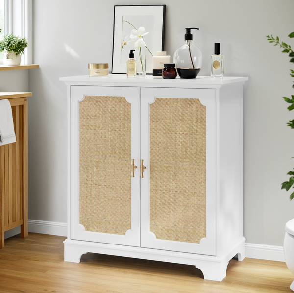 Sideboard 80 x 38 x 86 cm mit Rattantüren – Aufbewahrungsschrank in Weiß mit verstellbarem Einlegeboden