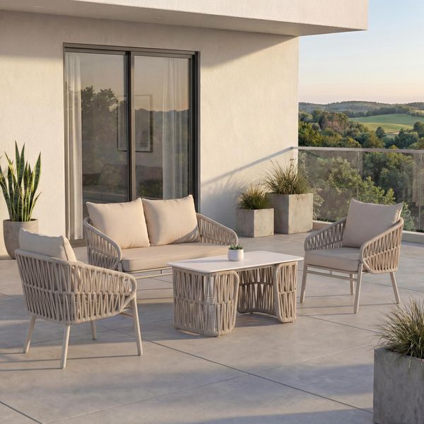 Gartengarnitur HWC-P90, Lounge-Set Gartenlounge Sofa Sessel Tisch, Seilgeflecht Rope Stoff/Textil (180g/m²) ~ creme