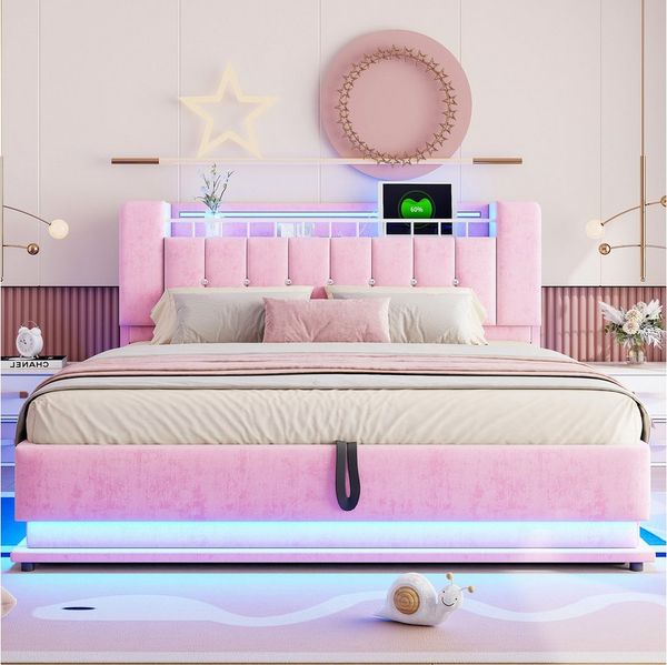 HAUSS SPOLE Polsterbett 180x200cm mit Bettkasten Jugendbett Kinderbett mit LED-Beleuchtung (mit weichem Samtbezug, LED-Beleuchtung, USB-Anschluss und hydraulischem Stauraum, 180x200 cm), ohne Matratze