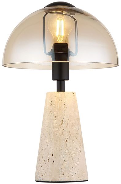 LED Tischleuchte, Pilzform, Travertine Stein, Glas, H 31 cm