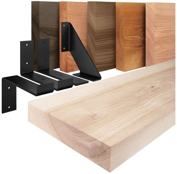 LAMO Manufaktur Wandregal Holz Gerade Regal Farbe: Roh mit weißem Industrial Regalträger 40 cm, Komplett-Set, 40mm stake Massivholzplatte