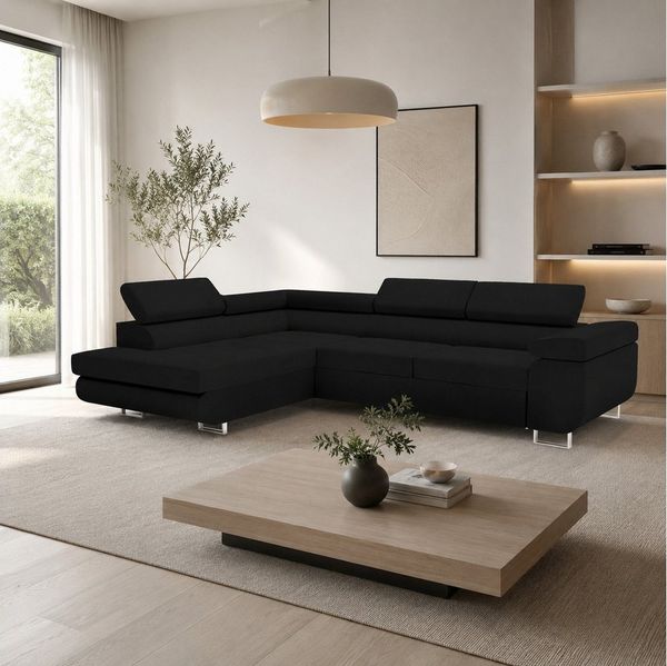 Goldstoff Ecksofa mit Schlaffunktion & Bettkasten - hochwertiges Sofa, Couch mit Schlaffunktion für Wohnzimmer - Schlafsofa - Eckcouch, Eckcouch mit praktischem Bettkasten in schwarz
