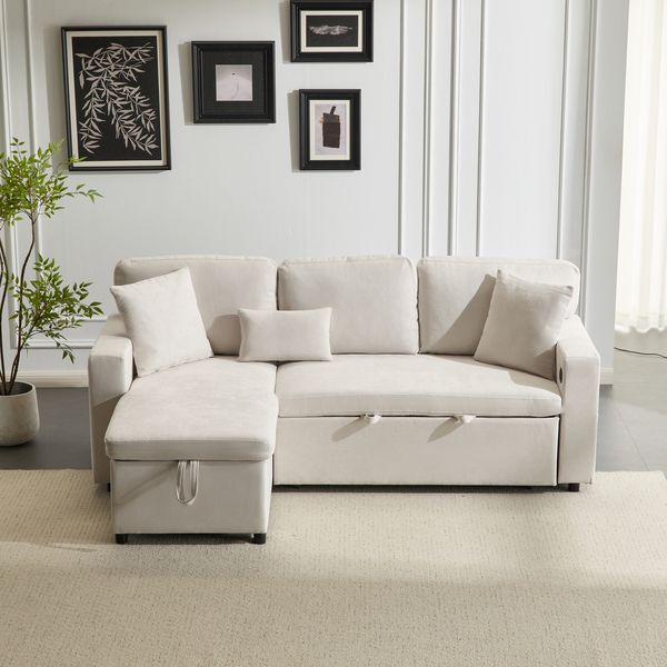 Schlafsofa 214x131x87 cm Beige aus Flanell mit flexiblem Ottomanenwechsel, USB-Anschluss und Stauraum