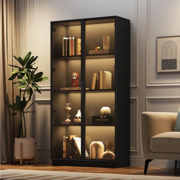 Merax Glasvitrine mit Glastüren inkl. LED (1-St) Hochschrank mit verstellbaren Einlegeböden,Bücherschrank,Standvitrine