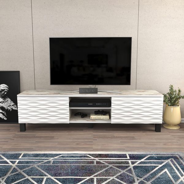 Hanah Home Traditional White TV Stand, 150 x 35 x 40.3 cm | 100% Melamine Coated Particle Board, 18 mm Thick | Elegant Design for Living Room & Entertainment Spaces