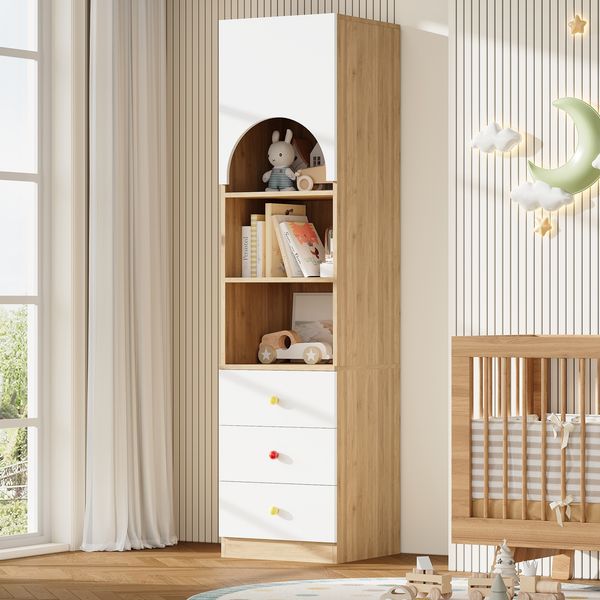 Merax Mehrstöckiges Bücherregal, 50×50×200 cm Ablageregal, Aufbewahrungsregal, mit drei Schubladen und drei Einlegeböden, Keramikgriffen, Weiß und Holzoptik