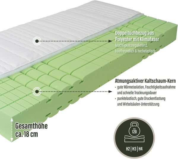 Kaltschaummatratze Ravensberger Komfort-SAN | 18 cm Komfort-Höhe | 7 Liegezonen | Raumgewicht RG 50 Größe 100 x 200 cm Härtegrad H4 (100 kg - 140 kg) Bild 2