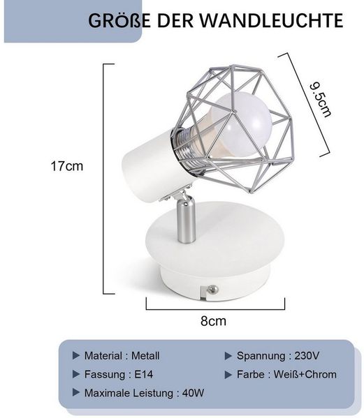 ZMH Wandleuchte Retro Wandstrahler Vintage Wandspot - E14 Verstellbare 350° Flur, OHNE Leuchtmittel, LED fest integriert, 1 Flammig Küchenlampe für Flur Schlafzimmer, Weiß/Schwarz