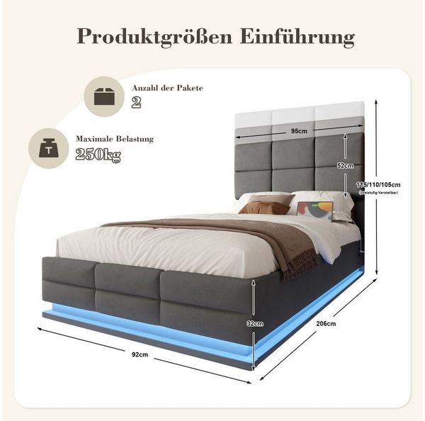 BlingBin Polsterbett Jugendbett Funktionsbett mit höhenverstellbarem Kopfteil (Hydraulisches Bett Einzelbett, 1-tlg, mit USB/Type-C-Anschlüssen, LED-Beleuchtung, Hydraulischer Stauraum), 90x200 cm, Samt, Ohne Matratze