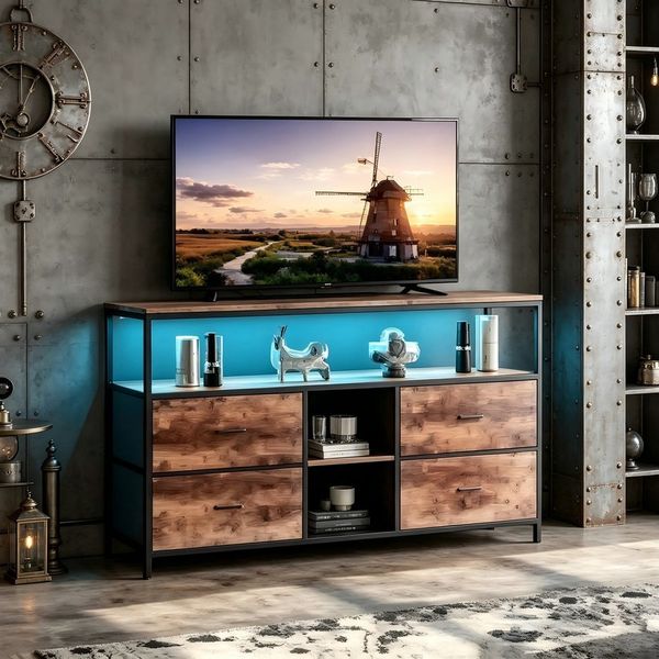 Simurq TV-Schrank Lowboard TV-Bank, mit LED und Schubladen und offenen Regalen (1er Set) mit LED und 4 Schubladen und 2 offenen Regalen, 108 x 29.8 x 76.8
