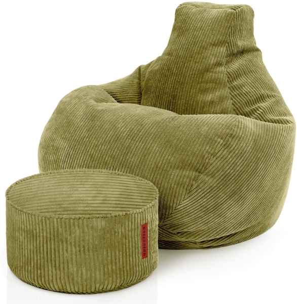 Green Bean® Sitzsack mit Hocker aus Cord - Sitzsäcke für das Wohnzimmer, Schlafzimmer, Sitzsack-Sessel für Erwachsene Grün