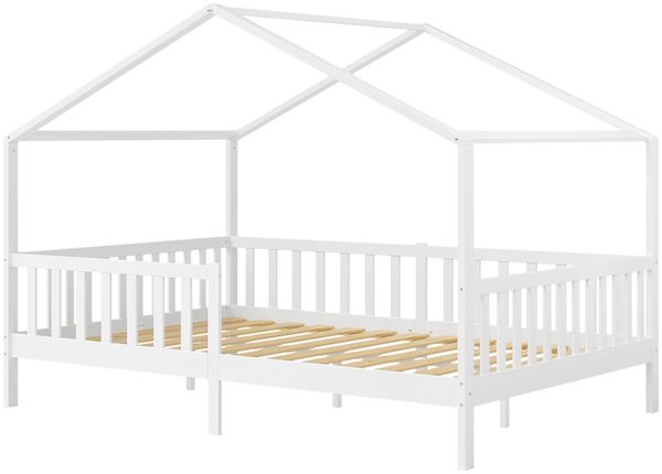 Bellabino 'Bia' Hausbett 140x200 cm mit Matratze, weiß, Kiefer Massivholz, Montessori Kinderbett mit Rausfallschutz und Lattenrost Bild 2