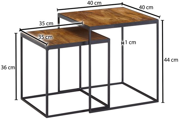 Wohnzimmertisch 2er Set Mango Massivholz / Metall Beistelltisch Eckig, Design Beistelltisch Industrial, Sofatisch Couchtisch Quadratisch, Tischset 2-teilig Satztisch Bild 4