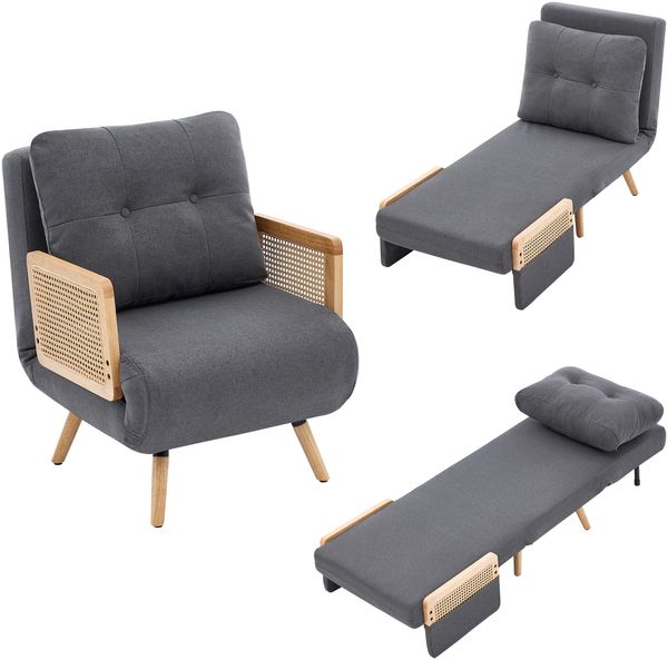 Merax 3-in-1 Schlafsessel mit Schlaffunktion, ausklappbarer Relaxsessel & Gästebett, gepolsterter Loungesessel mit 5-fach verstellbarer Rückenlehne und Rattan-Armlehnen, Grau