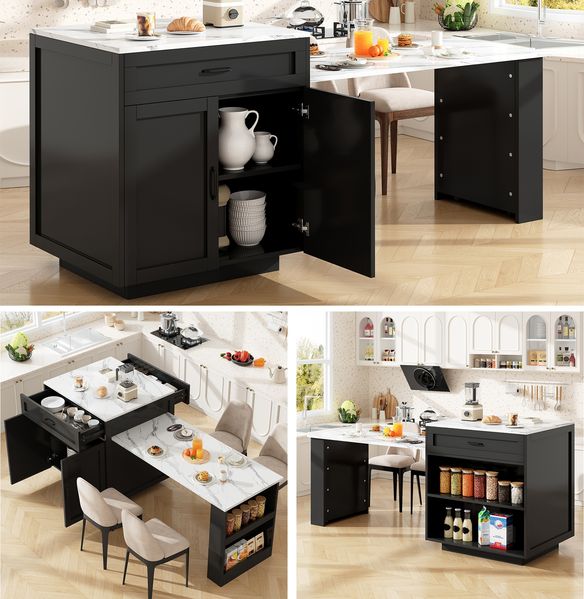 Ausziehbarer Stehtisch mit Stauraum (98-204×70×93,5cm), mit 2 Schublade und 2 Fächern, Kücheninsel-Ausziehtisch für 2-6 Personen, Küchen-Esswagen mit Seitenablagen,Schwarz