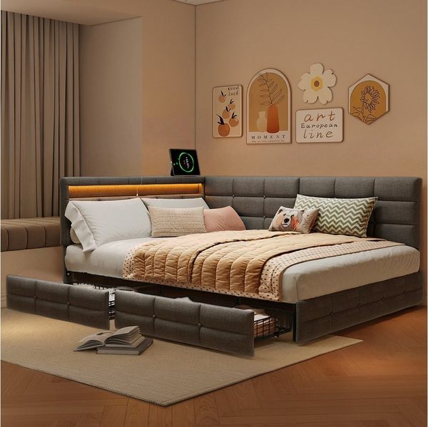 ADWOLT Polsterbett Schlafsofa (Set, 1-tlg, 140x190 cm), mit 2 Schubladen mit LED und USB-Laden/Typ-C-Anschluss,Leinen,Grau