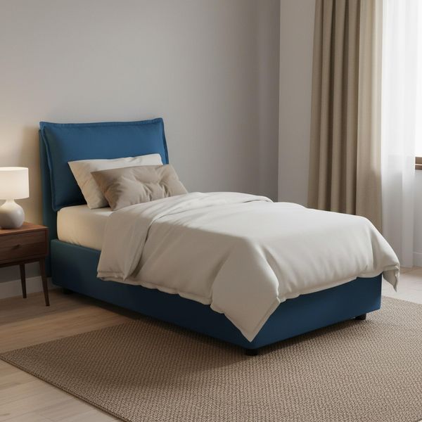 Talamo Italia - Einzelbett Evelyn, Bettkasten mit Stoffbezug, 100 % Made in Italy, Öffnung vorne, inklusive Matratze 90x200 cm, Blau