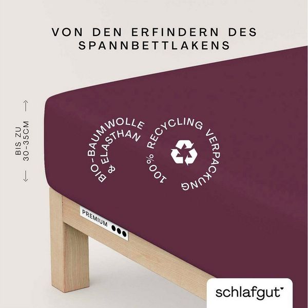 Schlafgut Spannbettlaken PREMIUM Mako-Zwirn-Jersey, 220 g/m², 95% Bio-Baumwolle, 5% Elasthan, Mako-Zwirn-Jersey, Gummizug: rundum, (1 Stück), Bettlaken bis 30 cm Höhe, PREMIUM-Qualität langlebig, perfekter Sitz
