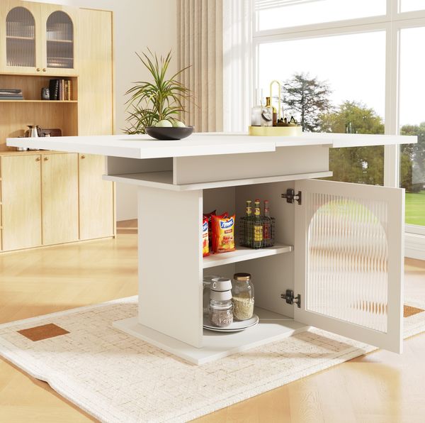 Moderner Esstisch Weiß 110-140×80 cm, MDF-Küchentisch mit Regenbogenglas-Türen, Stauraum mit 3 Ablagen, 76cmx110-140cmx80cm