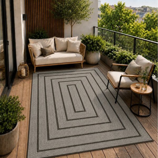 Vimoda Outdoorteppich Ventura, wetterfest robust kurzflor teppich Balkon Terrasse Küche, Rechteckig, Höhe: 5 mm, In- & Outdoor geometrisches Design Teppich waschbar in Grün Beige Grau