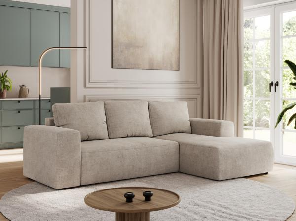 Ecksofa mit Schlaffunktion, Bettkasten und losen Kissen für das Wohnzimmer - TRENTINO - Beige Stoff - rechts