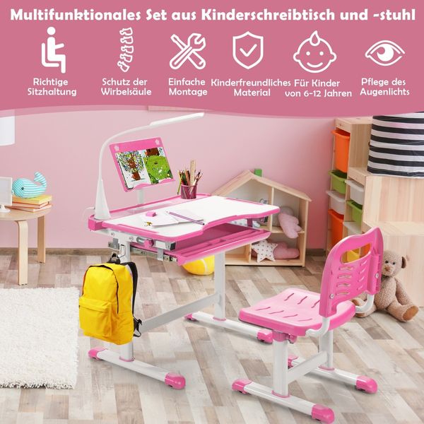Kindertisch Kinderschreibtisch Set mit Bücherständer & LED-Licht für Jungs & Mädchen Rosa