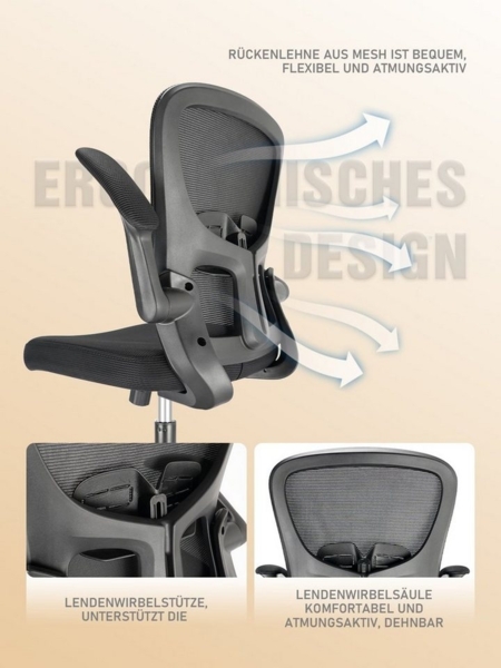 Durrafy Bürostuhl Ergonomischer Bürostuhl,Schreibtischstuhl mit klappbaren Armlehnen (Höhenverstellbarer Drehstuhl mit Wippfunktion bis 130°,Computerstuhl mit verstellbarer Lendenwirbelstütze und leisen Rollen), Chefsessel mit 135 kg Tragfähigkeit Bild 3