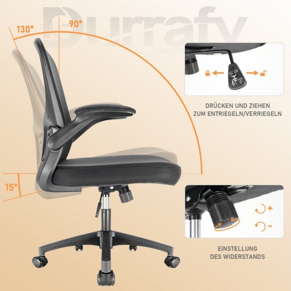 Durrafy Bürostuhl Ergonomischer Bürostuhl,Schreibtischstuhl mit klappbaren Armlehnen (Höhenverstellbarer Drehstuhl mit Wippfunktion bis 130°,Computerstuhl mit verstellbarer Lendenwirbelstütze und leisen Rollen), Chefsessel mit 135 kg Tragfähigkeit Bild 2