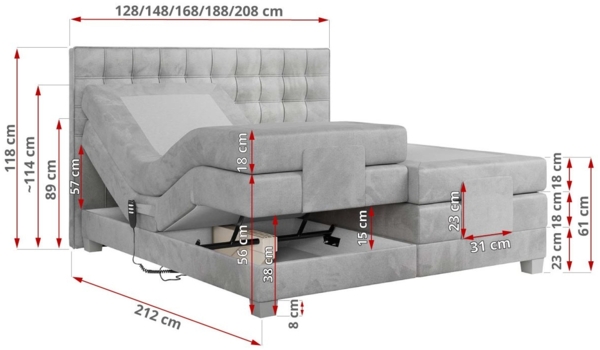 Boxspringbett elektrisch verstellbar, Schlafzimmerbett, Bettkasten - ELEKTRO - 200 x 200 cm - Hellgrau Velvet - H3 Bild 7