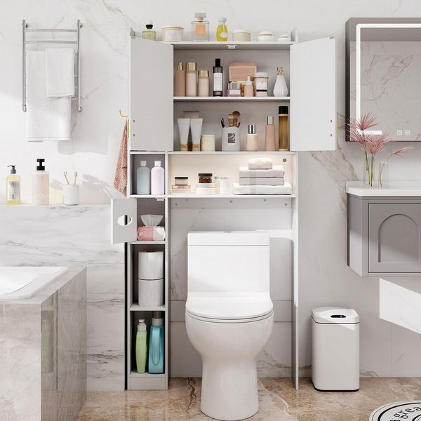 COSTWAY Badregal, Toilettenregal mit LED, Taschentuchbox, 7 Fächern 171cm