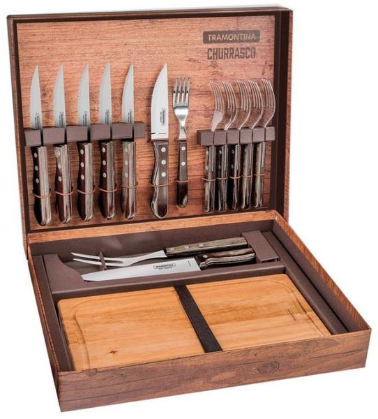 Tramontina 'Jumbo' Grillbesteck-Set mit Koffer, 15-teilig, Edelstahl silber / Holz natur