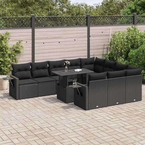 vidaXL 11-tlg. Garten-Sofagarnitur mit Kissen Schwarz Poly Rattan 3326546