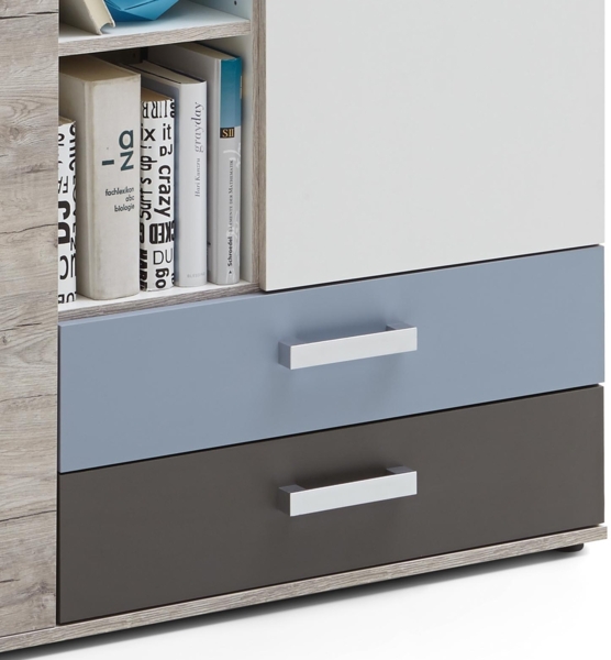 Jugendzimmer Set mit Kommode 3-teilig LEEDS-10 in Sandeiche Nb. mit weiß, Lava und Denim Blau Bild 9