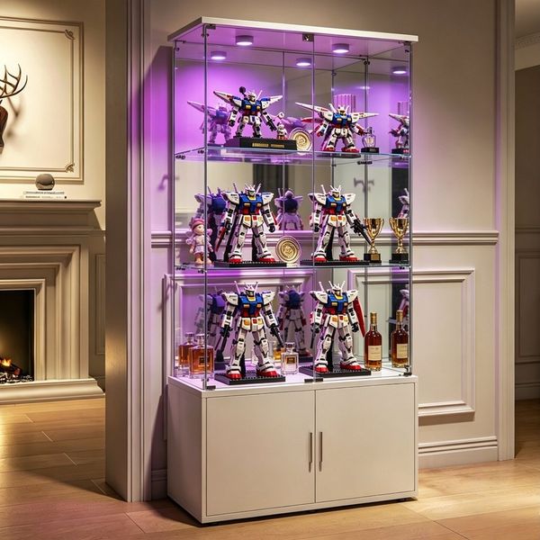 Simurq Glasvitrine Standvitrine aus Glas mit LED, Vitrinenschrank Schrank für Sammlung (Glas Vitrine mit 2 Glastür und 3 Lagen, Glasschrank mit Schloss) Vitrine aus Glas, perfekt für Sammler, Sammelvitrine
