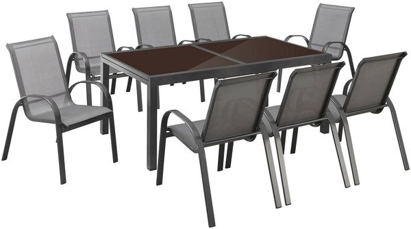 MERXX Garten-Essgruppe Amalfi, TOPSELLER!, (9-tlg, 8 Stapelsessel, 1 Ausziehtisch 180(240)x100 cm, OTTOs Choice), pulverbeschichtetes Aluminium, 100 % Polyester,für 8 Personen geeignet