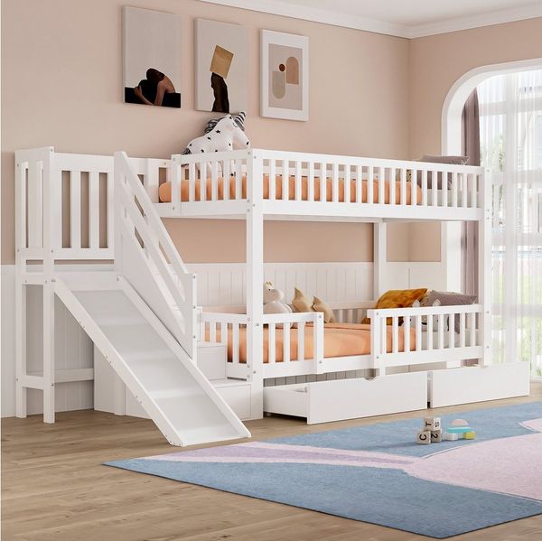 Odikalo Etagenbett Kinderbett,mit Rutsche,und magnetischer Tür,ohne Matratze,weiß,90*200