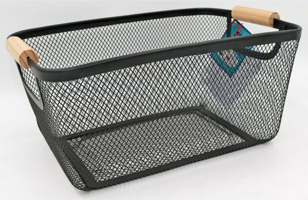 Drahtkorb mit Holzgriff schwarz 33x21x15cm | Dekorativer Metallkorb im Industrial-Stil | Ideal für Aufbewahrung & Deko im Haushalt
