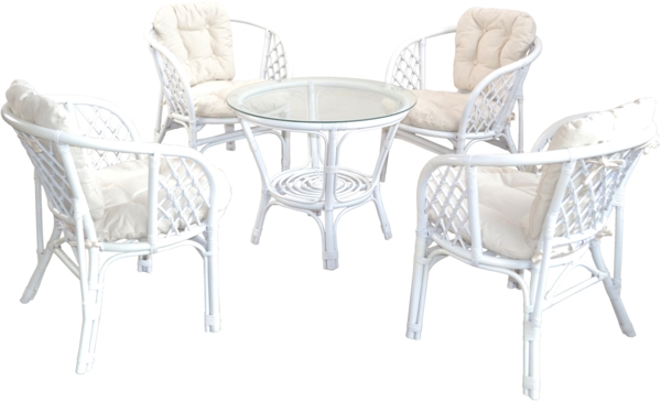 5tlg. Rattantischgruppe/Loungmöbelset, handgefertigt, weiß, mit Kissenauflage