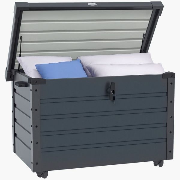Outsunny Gartenbox Aufbewahrungstruhe mit Schloss, Griff, Rollen (Aufbewahrungskiste, 1 St, Aufbewahrungsbox), für Balkon, Terrasse 100 x 62 x 65 cm, Dunkelgrau