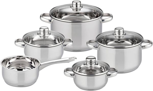 Elo Basic Topf-Set Galactica, Edelstahl 201 (Set, 9-tlg, je 1 x Kochtopf mit Deckel Ø 14/16/20/24 cm, 1 Stielkasserolle Ø 16 cm), Induktion