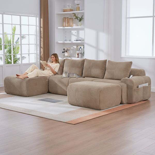 3-Sitzer Cordsofa, hohe Lehne, Seitentaschen, Metallfüße, Khaki