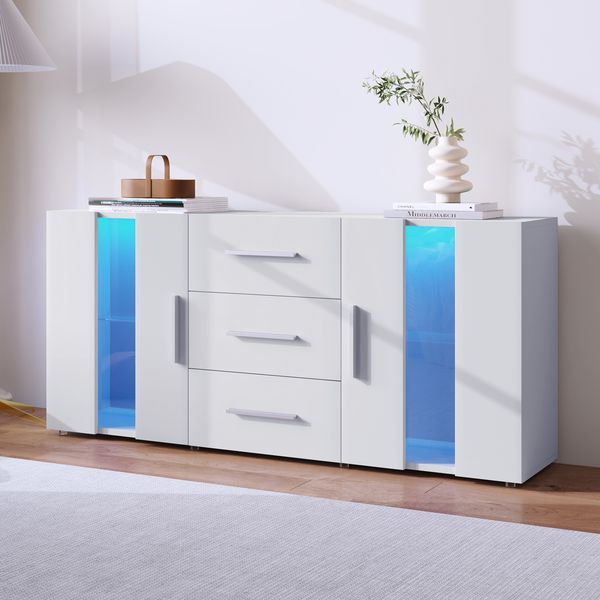 TV-Schrank Weiß 140 x 35 x 70 cm mit 2 Schränken, 3 Schubladen, 2 Regalen, abnehmbar, 16-Farben-LED-USB-Licht
