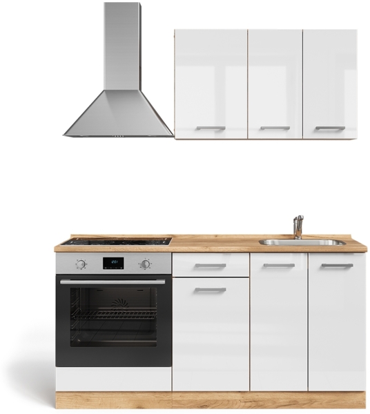 Singleküche R-Line Weiß Hochglanz/Goldkraft Eiche 160 cm mit Herdumbauschrank ohne Arbeitsplatte Vicco