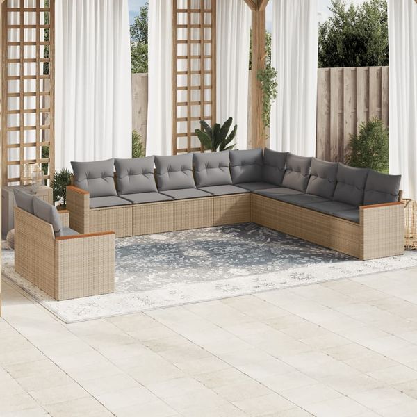 vidaXL 11-tlg. Garten-Sofagarnitur mit Kissen Beige Poly Rattan 3258531