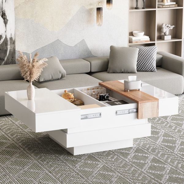 Couchtisch quadratisch 70×70×39 cm, weiß Hochglanz + Holzoptik, moderner Wohnzimmertisch mit ausziehbarer Tischplatte