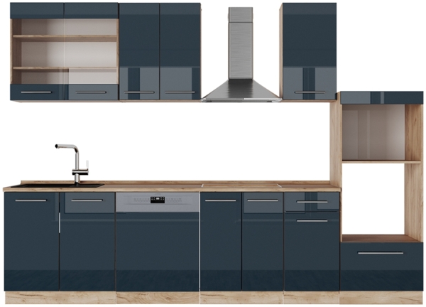 Küchenzeile Fame-Line Dunkelblau Hochglanz/Goldkraft Eiche 300 cm mit Hochschrank, AP Eiche Vicco