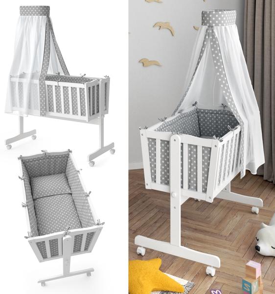 VITALISPA Wiege NOAH Schaukelwiege Babywiege Holz Weiß Grau Bett Set Buche