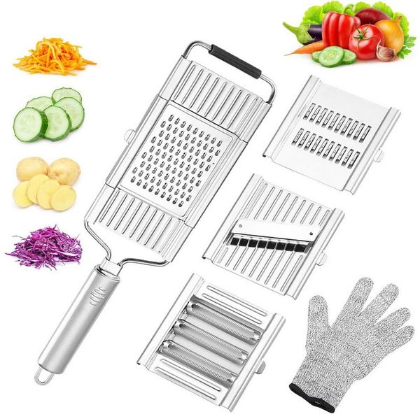 SURFOU Gemüsehobel 4-in-1 Verstellbar Edelstahl Gemüsereibe Küchenhobel und Reibe, emüsereibe, Heimküche, in Scheiben geschnitten, 4 teiliges Set