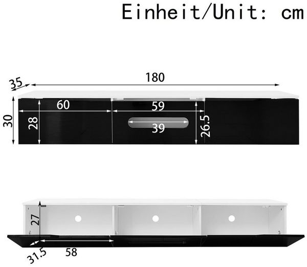Ulife Lowboard TV-Schrank Fernsehtisch,TV-Board,TV-Ständer, TV-Panel, 180cm, wandmontierbar oder bodenmontierbar, mit 16-farbiger LED-Beleuchtung