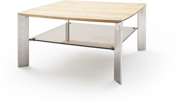 Couchtisch >NELIA< Glasablage, Eiche, Massivholz - 80x41x80cm (BxHxT)